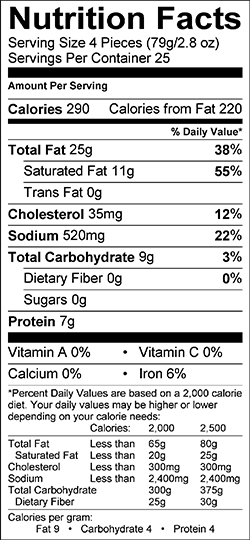 HOLIDAY FOODS™ Franks à la Gary Nutritional Information