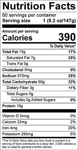 HOLIDAY FOODS™ Flatbread 6.5 x 11 - 40 count Nutritional Information